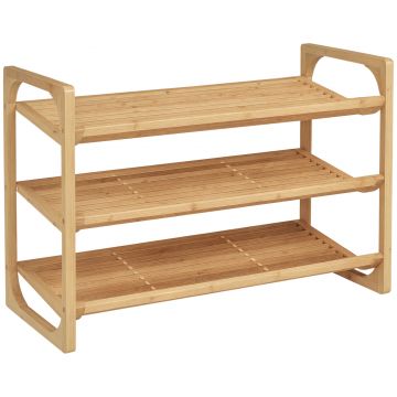 HOMCOM Suport pentru pantofi cu 3 niveluri, organizator de depozitare pantofi din bambus cu rafturi cu sipci, suport pentru pantofi ce poate sustine pana la 9 perechi de pantofi pentru intrare | Aosom Romania