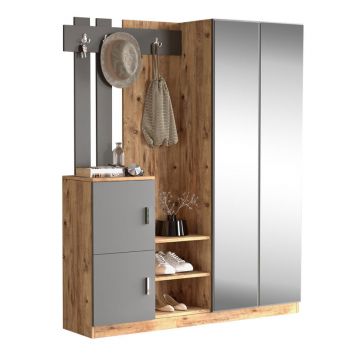 Cuier Doorse cu oglinda, Alb - Gri inchis, 148x35x180 cm