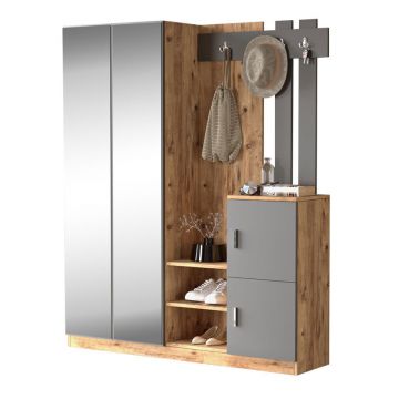 Cuier Doorse cu oglinda, Alb - Gri inchis, 148x35x180 cm