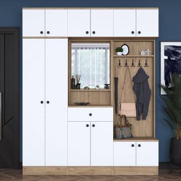 Dulap de hol cu Cuier si Pantofar 12 usi cu oglinda, Nuc, 180x226x38 cm