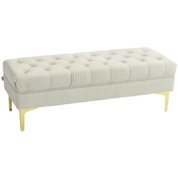 HOMCOM Bancă cu Husă Capitonată, Bancă Tapițată din Catifea cu Picioare Metalice, 118x45x42 cm, Bej | Aosom Romania