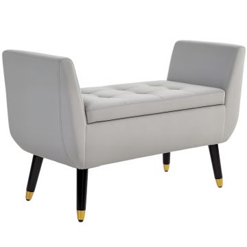 HOMCOM Bancă cu stocare și brațe, Truhenbank, poliester catifelat, lemn de cauciuc, Hellgrau, 107 x 42 x 65 cm | Aosom Romania