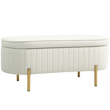 HOMCOM Bancă de Depozitare de Intrare Ovală 72L, Design Canelat cu Capac Rabatabil și Scaun Capitonat, Bancă de la Capătul Patului, Pouf, în Velur și cu Picioare din Lemn de Pin, 108x44x43.5 cm, Crem | Aosom Romania