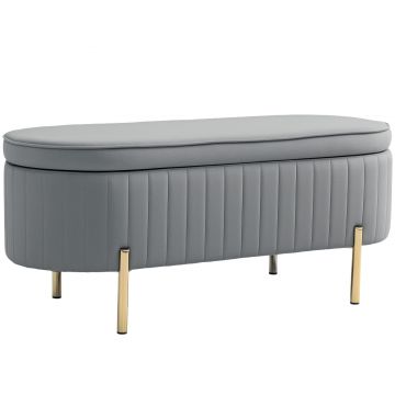 HOMCOM Bancă de Depozitare pentru Intrare Ovală 72L cu Design Scanalat, Capac Ridicabil și Șezut Capitonat, Bancă de la Capătul Patului Pouf în Catifea și Picioare de Lemn de Pin, 108x44x43.5 cm, Gri | Aosom Romania