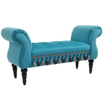 HOMCOM Bancă de șezut tapitată, aspect catifelat, bancă de pat de lux cu picioare din lemn, bancă de hol pentru dormitor, capacitate de încărcare până la 150 kg, Albastru, 117 x 40 x 58 cm | Aosom Romania