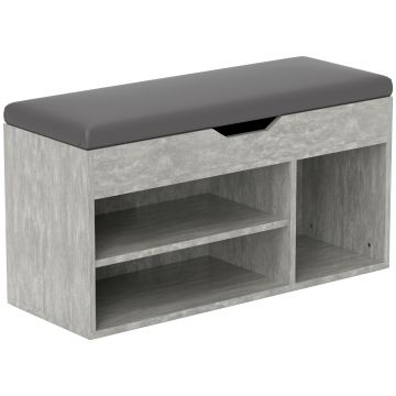 HOMCOM Bancă Hol cu 3 Rafturi Deschise, Spațiu Ascuns și Pernă Capitonată, Banca Pantofi, 80x30x45 cm, Gri | Aosom Romania