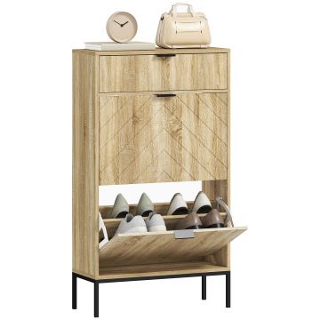 HOMCOM Mobilier de pantofi 8 perechi cu sertar glisant, 2 sertare rabatabile, rafturi reglabile, 60x24x105,5cm, stejar | Aosom Romania