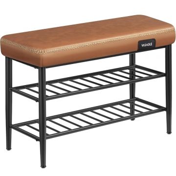Banca pantofi 80x30x50 cm, cu rafturi si sezut tapitat, otel si piele PU, maro caramel
