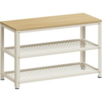 Banca pantofi 2 rafturi cadru metalic sezut pal industrial, 73x30x45 cm, depozitare, stejar alb