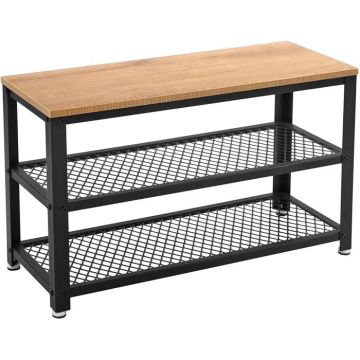 Banca pantofi cu 2 rafturi, cadru metalic si sezut din PAL, stil industrial, 73x30x45 cm, stejar si negru