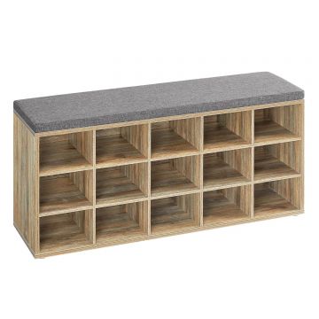 Banca pantofi cu sezut si perna, 15 compartimente deschise, PAL, 105x30x48 cm, gri stejar