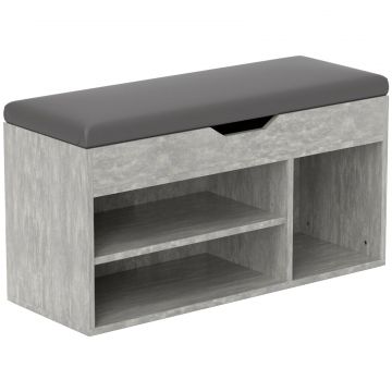 Banca pentru incaltaminte cu 3 Rafturi Deschise, Spatiu Ascuns si Perna Capitonata, 80x30x45 cm, Gri