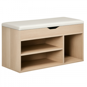 Banca pentru Pantofi cu 3 Compartimente, Spatiu Ascuns si sezut din Piele PU, 80x30x43 cm, Lemn Natural
