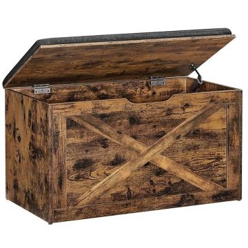 Banca pentru pantofi cu perna, tip cufar de depozitare, stil hambar, 76x40x48cm, maro rustic