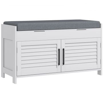 Banca pentru pantofi cu raft interior reglabil pe 3 niveluri, din MDF si material textil cu aspect de in, 90x36x50 cm, alb si gri