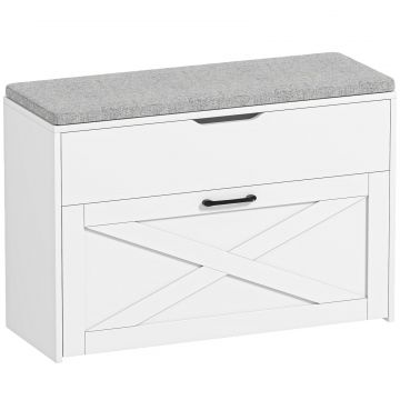 Banca pentru Pantofi cu Sertar Rabatabil si Compartiment de Depozitare, Capacitate 8 Perechi de Pantofi, 80x30x55 cm, Alb