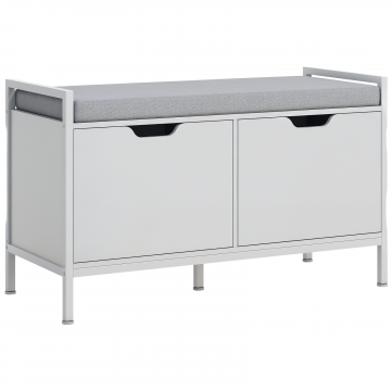 Bancheta Dulap pentru Pantofi cu 2 Compartimente si Perna, Dulap Pantofi pentru Hol, 84x35x50 cm, Alb
