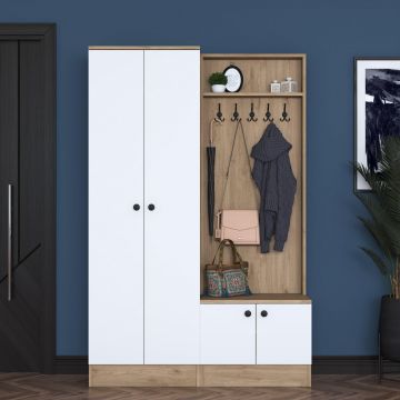 Cuier cu pantofar Zizou cu 4 usi, Alb - Nuc, 120x183x38 cm - Nuc