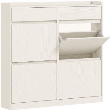Dulap de Pantofi Slim din Lemn cu 4 Sertare Rabatabile si 2 Sertare Glisante, 98x19,2x95,3 cm, Alb