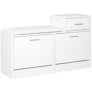 Dulap Modern pentru incaltaminte cu Banca Imbottita pentru 12 Perechi de Pantofi Lemn Alb