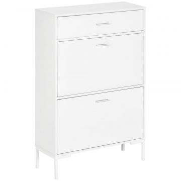 Dulap modern pentru pantofi, 12 perechi de pantofi cu 2 usi si sertar, din PAL, MDF si metal, 75x26x110 cm, alb