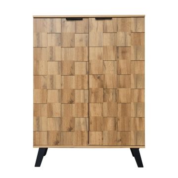 Dulap modern pentru pantofi cu 5 compartimente, model geometric cu aspect de lemn, pentru hol și zona de intrare, 80,5x35x109,5 cm, Culoare naturală