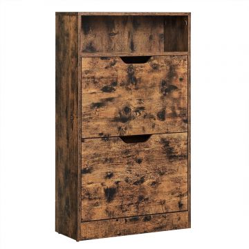 Dulap pantofi cu 2 usi flip, separator reglabil si detasabil, pentru 8-12 perechi, 24x60x102cm, maro rustic