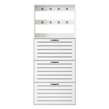 Dulap pentru pantofi cu 3 uși, raft pentru pantofi cu cârlige, 70x25x165 cm, Alb