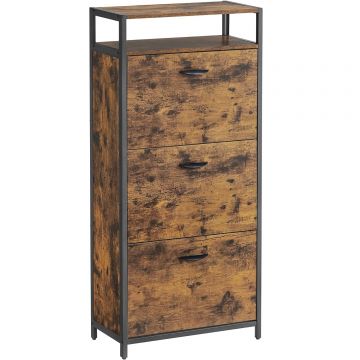 Dulap pentru pantofi cu 3 usi rabatabile, despartitoare interioare, pentru 15-18 perechi, 60x30x130cm, maro rusic si negru