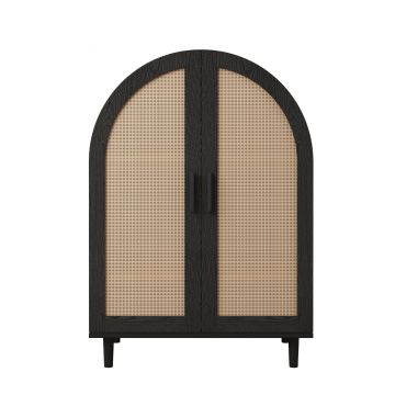 Dulap pentru pantofi cu exterior rotunjit, uși din ratan decupate și 3 rafturi, 70x40x100 cm, Culoare naturală+Negru