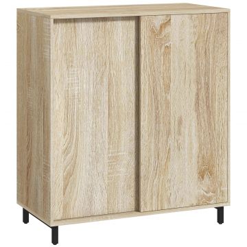 Dulap pentru Pantofi pe 4 Niveluri din PAL si Otel cu Usa Glisanta si Rafturi Reglabile, 80x40x93 cm, Lemn Natural