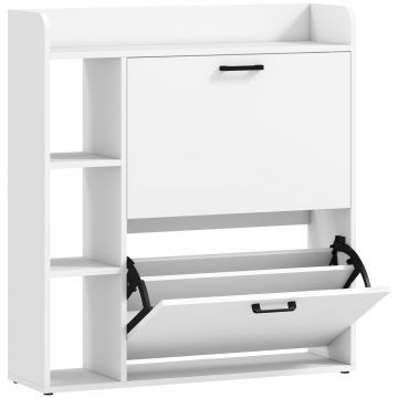 Dulap pentru pantofi slim cu 2 sertare rabatabile si 3 rafturi, Capacitate 15 perechi, 83x24x90.5 cm, Alb