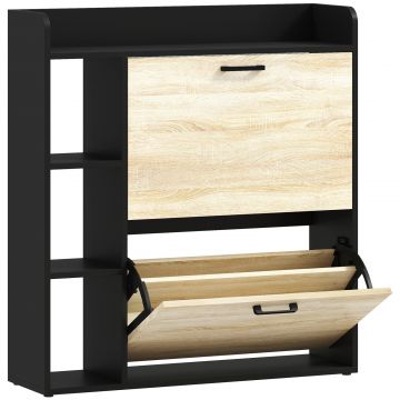 Dulap pentru pantofi slim cu 2 sertare si 3 compartimente deschise, Capacitate 15 perechi, 83x24x90.5 cm, Negru