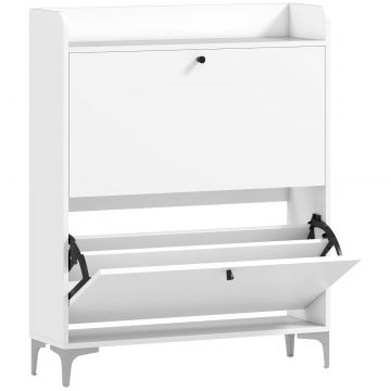 Dulap pentru Pantofi Slim cu 2 Usi Rabatabile, Rafturi Reglabile, Blat Superior si Baza Ridicata, Potrivit pentru 16 Perechi, PAL si Metal, 80x24x101