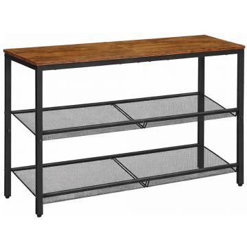 Etajera pantofi 3 niveluri rafturi metalice reglabile blat superior, 75x28x53 cm, maro rustic