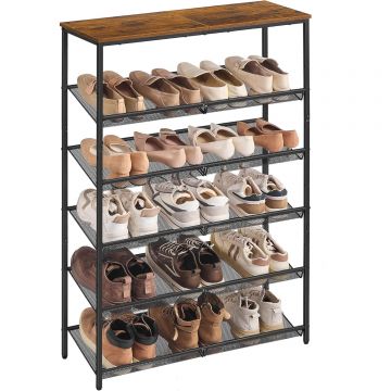 Etajera pantofi 6 niveluri rafturi metalice reglabile pal, 75x28x114 cm, stil industrial, maro