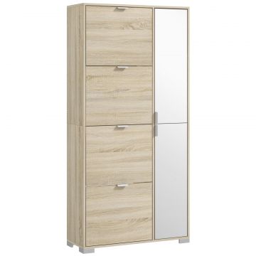 Etajera pentru Pantofi cu Oglinda, 4 Sertare Rabatabile si 2 Dulapuri, 82x30x168 cm, Culoare Stejar
