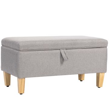 HOMCOM Banc de depozitare, capăt de pat, suport pentru picioare căptușit cu aspect de in cu picioare din lemn de cauciuc, 71x37x36cm, gri deschis | Aosom Romania