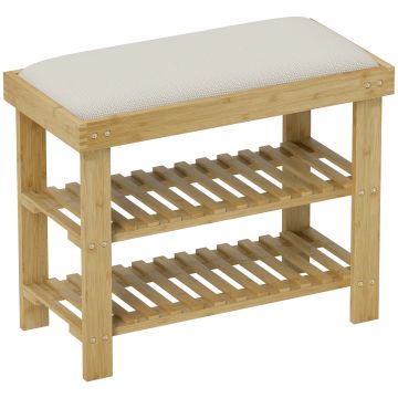HOMCOM Bancă pentru încălțăminte din bambus, etajeră pentru încălțăminte cu 3 niveluri, stil scandinav, 60 x 29 x 49 cm, crem și lemn natural | Aosom Romania