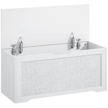HOMCOM Cufăr de depozitare 136 L băncuță de depozitare cu panou din ratan capac cu brațe de susținere pentru hol 100x40x45cm alb | Aosom Romania