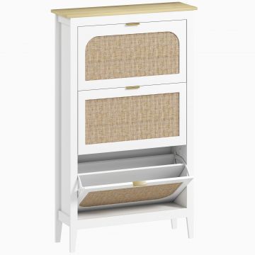HOMCOM Dulap pentru încălțăminte 21 perechi boem cu 3 sertare rabatabile, uși cu efect cannage ratan, 80 x 24 x 131 cm, alb | Aosom Romania