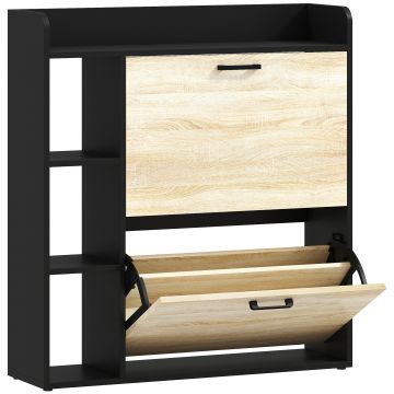 HOMCOM Dulap pentru pantofi slim cu 2 sertare și 3 compartimente deschise, Capacitate 15 perechi, 83x24x90.5 cm, Negru | Aosom Romania
