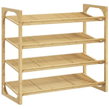 HOMCOM Etajeră pentru pantofi cu 4 niveluri, depozitare 12 perechi cu design cu lamele, bambus, 76x33x67cm, lemn natural | Aosom Romania
