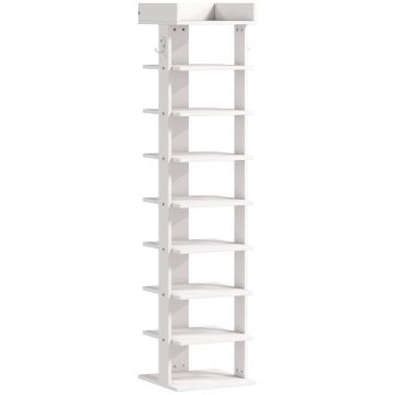 HOMCOM Pantofar 9 niveluri organizator din lemn pentru pantofi cu raft superior și 2 cârlige, pentru hol, Alb | Aosom Romania