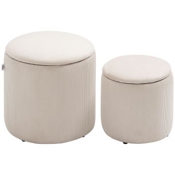 HOMCOM Set de 2 Pouf-uri pentru Depozitare Salvaspazio Rotunde și Îmbunătățite din Catifea cu Nervuri, Alb | Aosom Romania