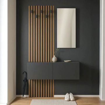 Mobilier de intrare Arika cu oglinda si Riflaj, Stejar-antracit 100x37x199 cm