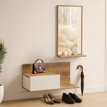 Mobilier de intrare cu oglinda Miranda, Alb-Stejar, Lemn, 60x30x89 cm