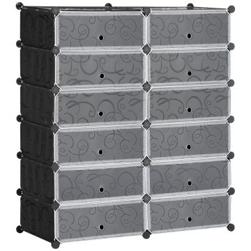 Mobilier pentru incaltaminte modular, 12 cuburi 45x35x16cm din plastic PP si otel, negru si alb