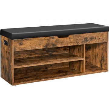 Pantofar cu banca capitonata, 3 compartimente, sarcina 150 kg, 30x100x44 cm, vintage, maro rustic