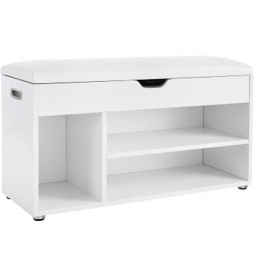 Pantofar cu banca, capitonata, 3 compartimente, sarcina 150 kg, 30x80x44cm, modern, alb